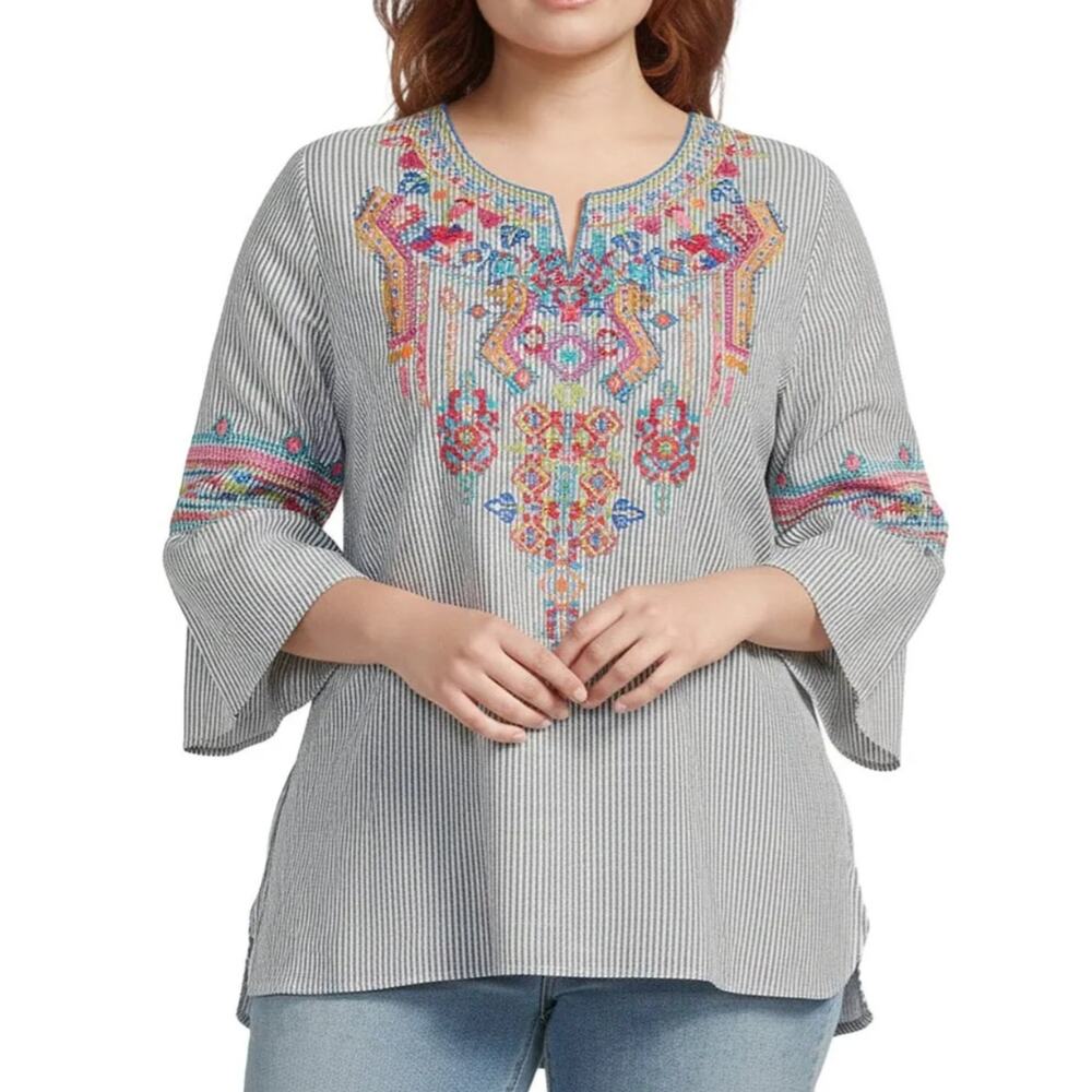 5238)Calesaa Plus Embroidery Stripe Multicolr Boho Peasant Bell Slv Tunic Top 3X